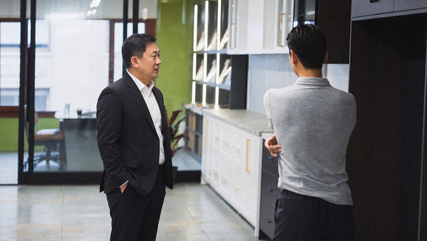 A client conversation on the Spazietto showroom floor