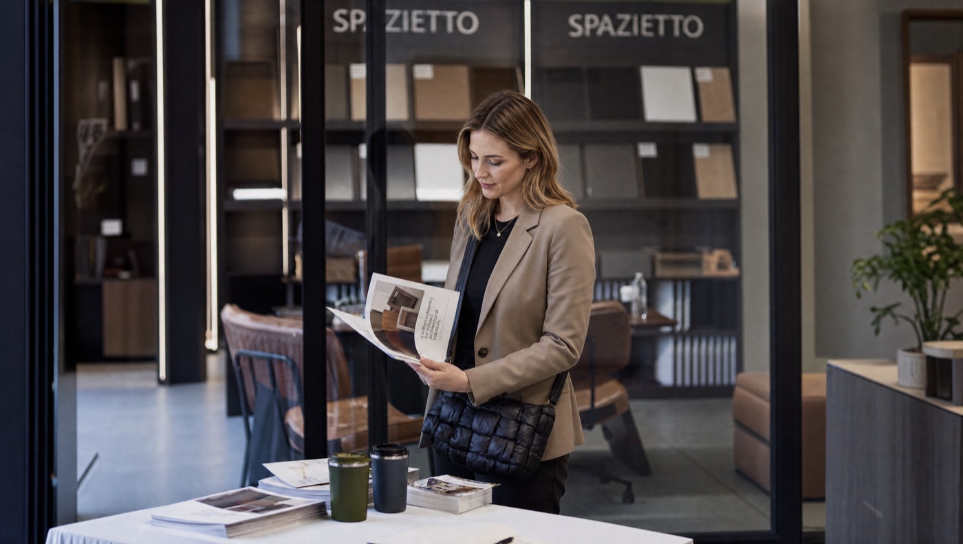 A visitor reading the Spazietto lookbook in the showroom